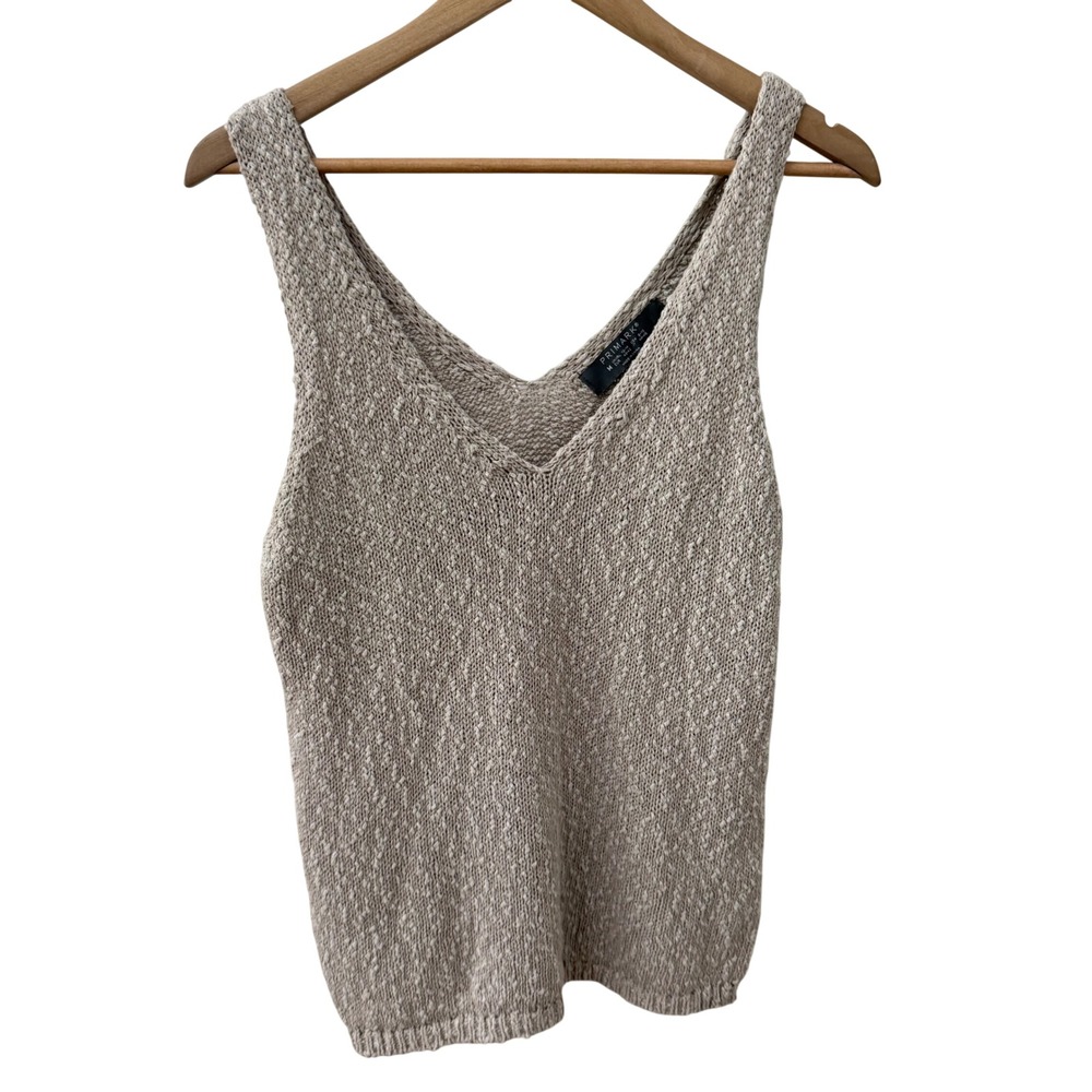 Primark Knit Tank Top Size Medium Beige V-Neck Sleeveless Cotton‎ Blend Marled